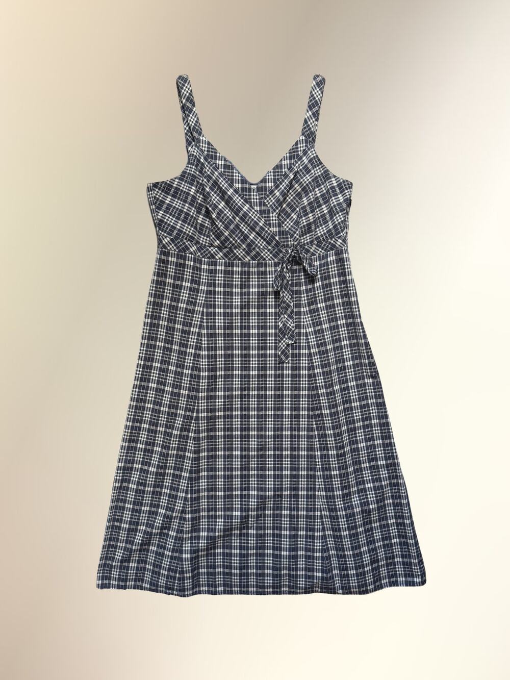 Y2K Nine West Navy White Plaid Tie Front Sweetheart Cotton Sundress Women's 10